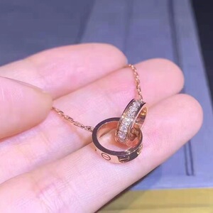 cartier/卡地亚项链18k玫瑰金love双环满钻带钻百搭女士锁骨链