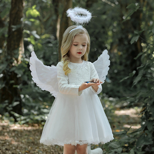 公主裙女童超仙秋翅膀儿童花童白色礼服天使服装连衣裙圣诞节衣服