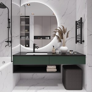 简约岩板洗漱化妆一体浴柜组合实木圆镜卫生间智能轻奢浴室柜定制