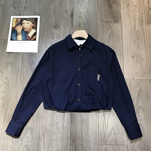 法国代购 ysl/圣罗兰 短款单排扣衬衫假两件拼接翻领刺绣长袖女