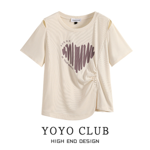 YOYO CLUB夏季新款褶皱不规则短袖T恤大码女装设计感露肩圆领上衣