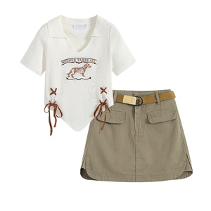 yoyo club大码纯欲辣妹短袖t恤a字工装半身裙夏季网红炸街套装女