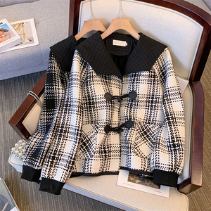 yoyo club大码女装翻领高级感小香风外套秋冬季加厚格子长袖上衣