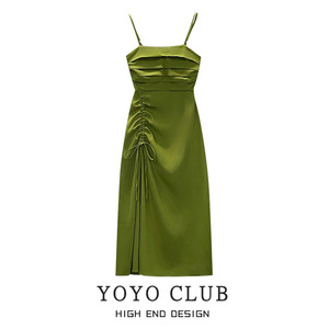yoyo club大码女装牛油果绿醋酸缎面连衣裙夏抽绳高级质感吊带裙