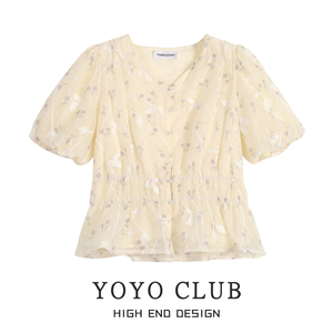 YOYO CLUB大码法式泡泡袖碎花V领衬衫夏季新款设计感显瘦雪纺衫女
