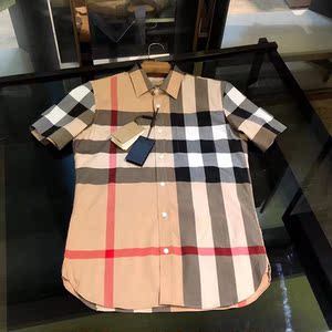 21新款夏季巴布瑞格纹短袖休闲衬衫方领修身商务衬衣半袖上衣男装