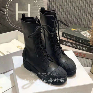 heren购dior迪奥 女黑色白色字母徽标拼接系带牛皮马丁靴中长筒靴