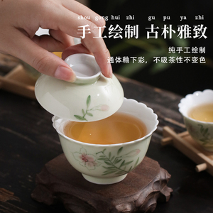 盖碗陶瓷复古茶碗功夫茶具手绘菊口二才日式品茗杯茶杯泡茶器青瓷