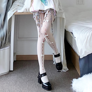 纯欲风洛丽塔白色蝴蝶结打底蕾丝渔网袜子女ins镂空萝莉白丝连裤
