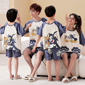 猫和老鼠卡通夏季短袖一家三四口母女亲子装睡衣纯棉圆领儿童男孩