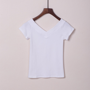 纯棉短袖t恤女装上衣服丅桖体土血裇v字领宽领性感漏肩紧身衫夏天