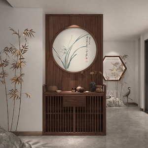 新中式屏风隔断墙客厅简约现代进门储物玄关柜镂空遮挡实木入户
