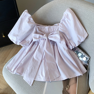 香芋紫色方领衬衫短袖女夏季法式甜美泡泡袖娃娃衫蝴蝶结短款上衣