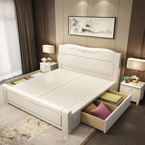 床现代简约中式主卧高端大气双人床高箱储物经济型民宿白色实木床