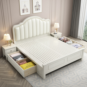 美式实木床轻奢现代简约1.8m双人软包高箱储物奶油风床白色公主床
