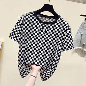 ing&lv/缨旅时尚洋气棋盘格子t恤女宽松内搭黑白格体桖春夏2022年