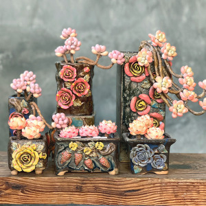 麦饭石长条捏花多肉花盆手工复古捏花栽肉肉小花盆