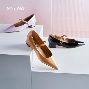 Nine West/玖熙玛丽珍法式一字带气质春夏新款低跟尖头绊带单鞋