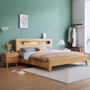 欧宝美北欧实木床小户型带夜灯单人床1.8m双人床简约框架款1.8米
