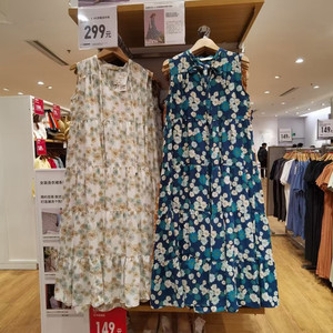 优衣库夏季法式小个子无袖层叠连衣裙女两件套碎花长裙y437690