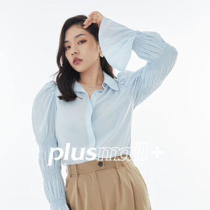 plusmall杨天真大码秋冬上衣女胖mm丝滑人棉混纺泡泡袖打揽衬衫