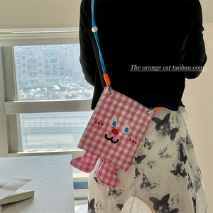 ins夏日格子撞色手机包创意搞怪表情可调节斜挎刺绣包可爱收纳包