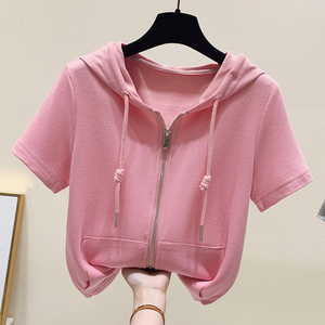 纯棉连帽短袖t恤女夏季双拉链开衫卫衣多巴胺欧货帽衫粉色上衣