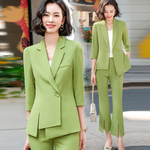 果绿色西装外套女春夏洋气时尚职业装气质女神范西服套装两件套女