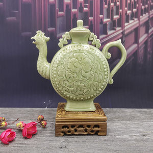 铜川宋耀州窑青瓷青釉凤鸣壶送礼仿古酒壶酒具陶瓷古董收藏品摆件