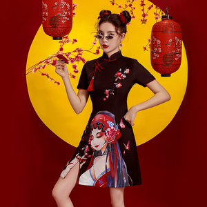 国潮旗袍2022年新款女年轻款黑色短款小个子舞蹈演出服中国风女装