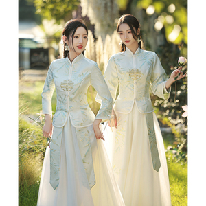 中式伴娘服2023新款姐妹团中国风长袖礼服女显瘦姐妹服伴娘团冬季