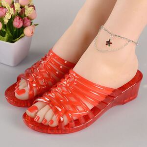 水晶拖鞋老式坡跟果冻透明塑料凉拖鞋高跟室外穿拖鞋塑胶凉鞋女夏