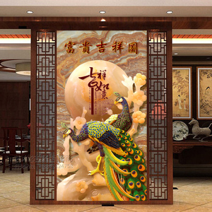 电视背景墙瓷砖微晶石抛釉瓷砖3d玄关雕刻壁画过道客厅中式孔雀图