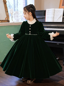 墨绿色公主裙中小童优雅洋气轻奢日常连衣裙长袖长裙法式儿童礼服