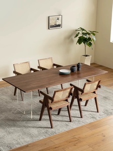 北美黑胡桃木悬浮餐桌椅亚克力桌脚全实木书桌家用极简办公桌茶桌