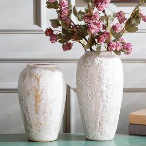 现代干花陶瓷插花花瓶中式摆件复古小清新白色粗陶瓷器桌面装饰