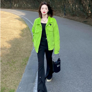 复古高街绿色灯芯绒外套女2022早春设计感小众情侣款休闲简约夹克
