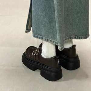 棕色小皮鞋女秋冬季松糕厚底乐福鞋粗跟jk鞋高跟玛丽珍学院风单鞋