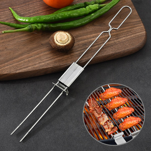 厂家不锈钢半自动双头烧烤叉 BBQ烤肉叉户外烧烤工具便携烧烤签