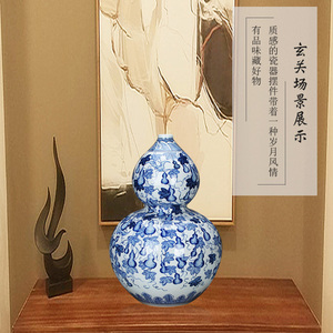 手绘青花瓷花瓶仿清乾隆葫芦花瓶中式古典家居摆件设老人祝寿礼物