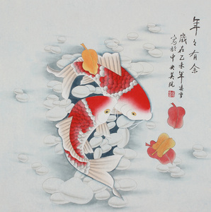 鲤鱼九九富贵牡丹中国画图年年有余送礼字画鱼横幅图水墨画鲤客厅