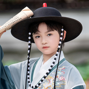 汉服男童明制锦衣卫飞鱼服头盔大帽檐圆帽明朝武侠风古装儿童帽子