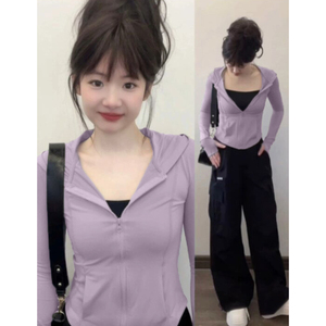 紫色防晒衣女夏季2024新款修身小个子上衣运动冰丝lulu短款薄套装