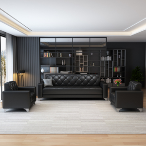 简约会客区商务办公沙发茶几组合套装洽谈休息室黑色三人皮艺沙发