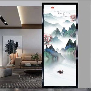 现代简约入户客厅玻璃屏风隔断墙轻奢装饰画遮挡小户型玄关山水画