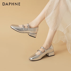 达芙妮低跟单鞋女玛丽珍鞋2024新款银色芭蕾复古小皮鞋浅口温柔鞋