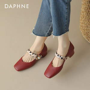 达芙妮中跟玛丽珍鞋女2024年夏季新款真皮浅口红色单鞋粗跟小皮鞋