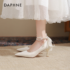 达芙妮高跟鞋女2024新款单鞋法式白色婚鞋气质新娘鞋细跟尖头女鞋