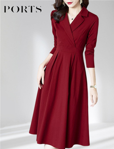 宝姿正品红色连衣裙2024年春季新款长袖显瘦修身小个子v领显身材