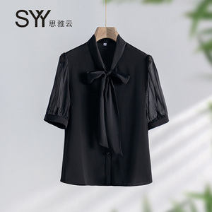 黑色短袖衬衫女时尚洋气高级感2024新款夏法式蝴蝶结系带雪纺衬衣